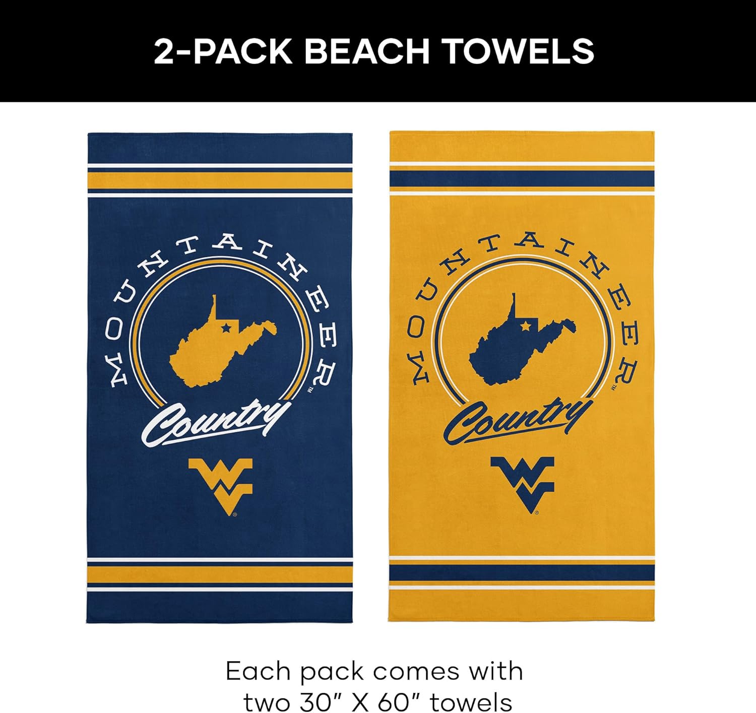 NORTHWEST West Virginia Mountaineers NCAA Homebreak Beach Towel 2 Pack 30 x 60 Inches
