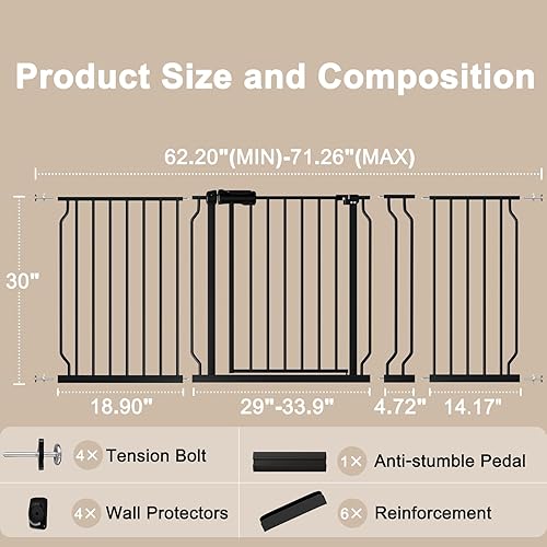 Miniatura 6 de WAOWAO Puerta de seguridad para bebés de 62.20-71.26" extra ancha con montaje a presión, con apertura de vaivén, cierre automático, de metal negro