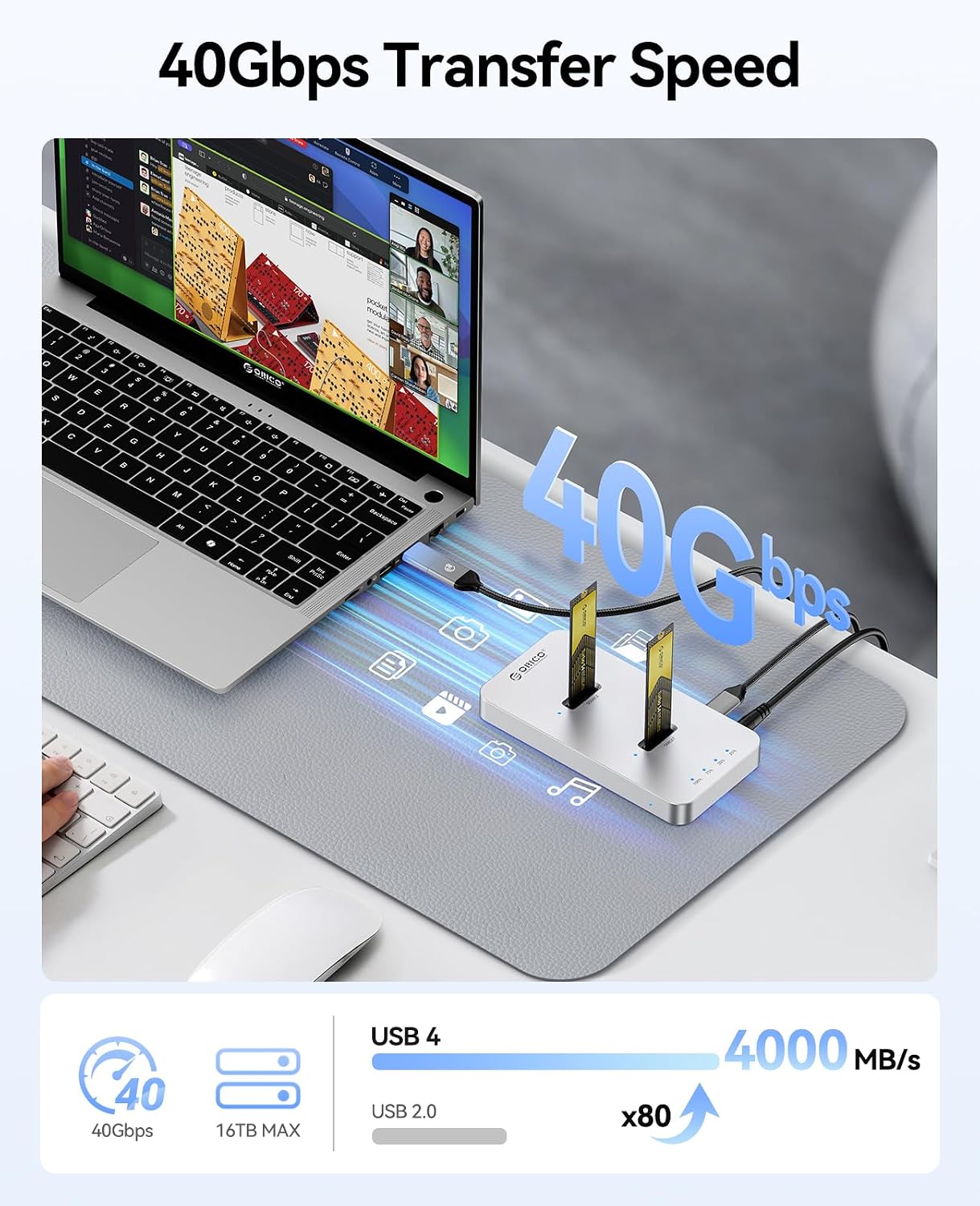 ORICO M.2 NVMe SSD Enclosure & SATA Adapter, USB 3.2 Gen 2 Aluminum External Hard Drive Case, Tool-Free M.2 Docking Station for PCIe/SATA M-Key/B+M Key SSD, Compatible with Mac & PC (M240-C) image 2