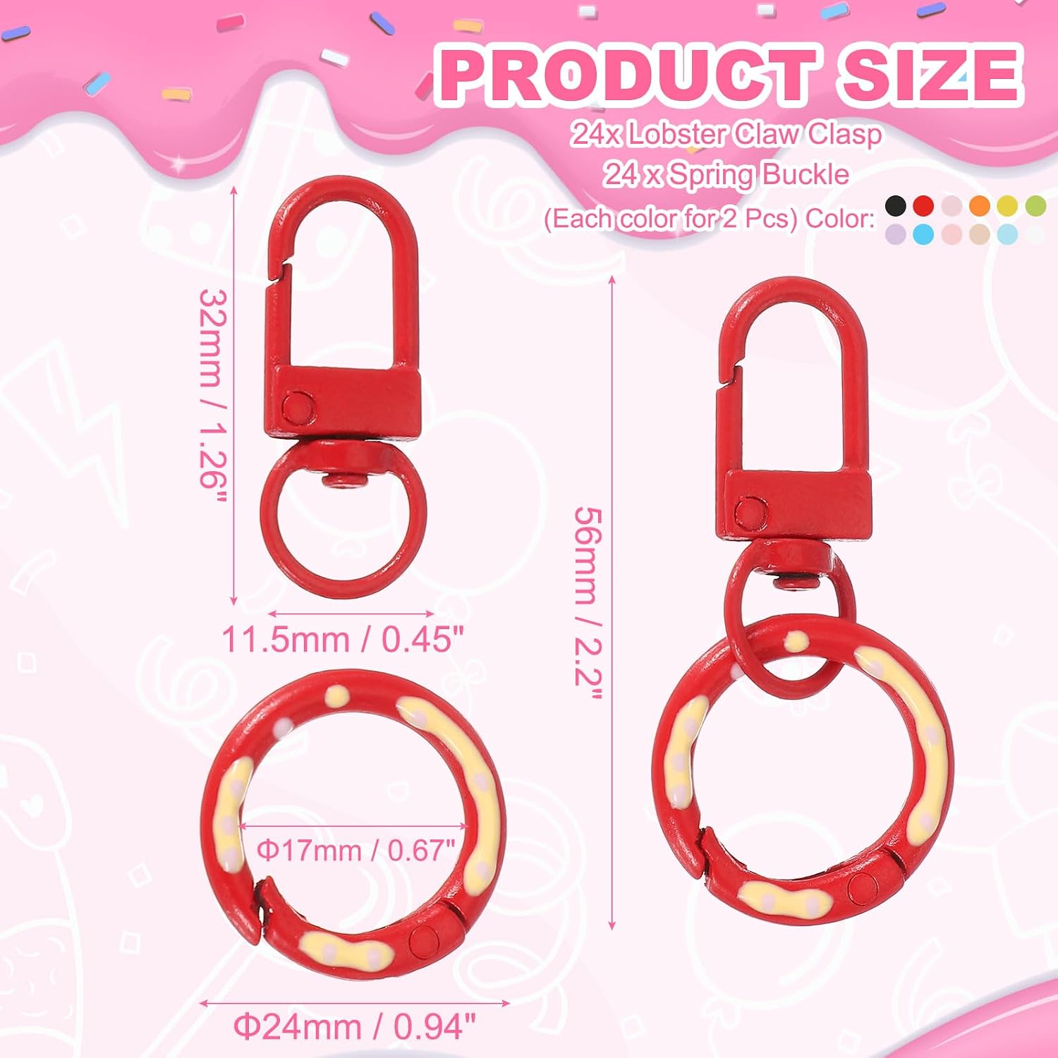 PATIKIL 24 Pcs Lobster Claw Clasp, Colorful Metal Keychain Clasp Swivel Hooks with Spring Key Rings Trigger Clips for Bag Door Key Chains DIY Craft Jewelry Making, Donut Multicolor image 2