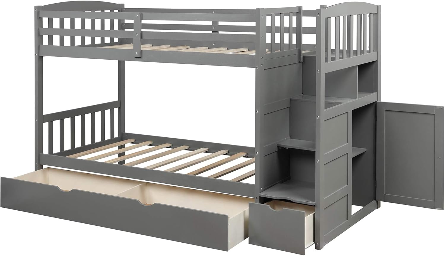 Flieks Twin Over Full/Twin Bunk Bed with two under-bed storage drawers pulled out, revealing their interior space.