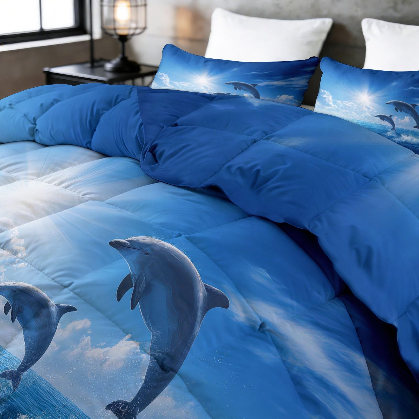 Couette sans Océan Housse Bleu, Couette Imprimée 2 Personnes Réversible 4 Saisons Nature Animaux Dauphin Edredon 200 x 200 cm - Parure de lit pour Ados Garçons Adultes avec 2 Taies d'oreiller