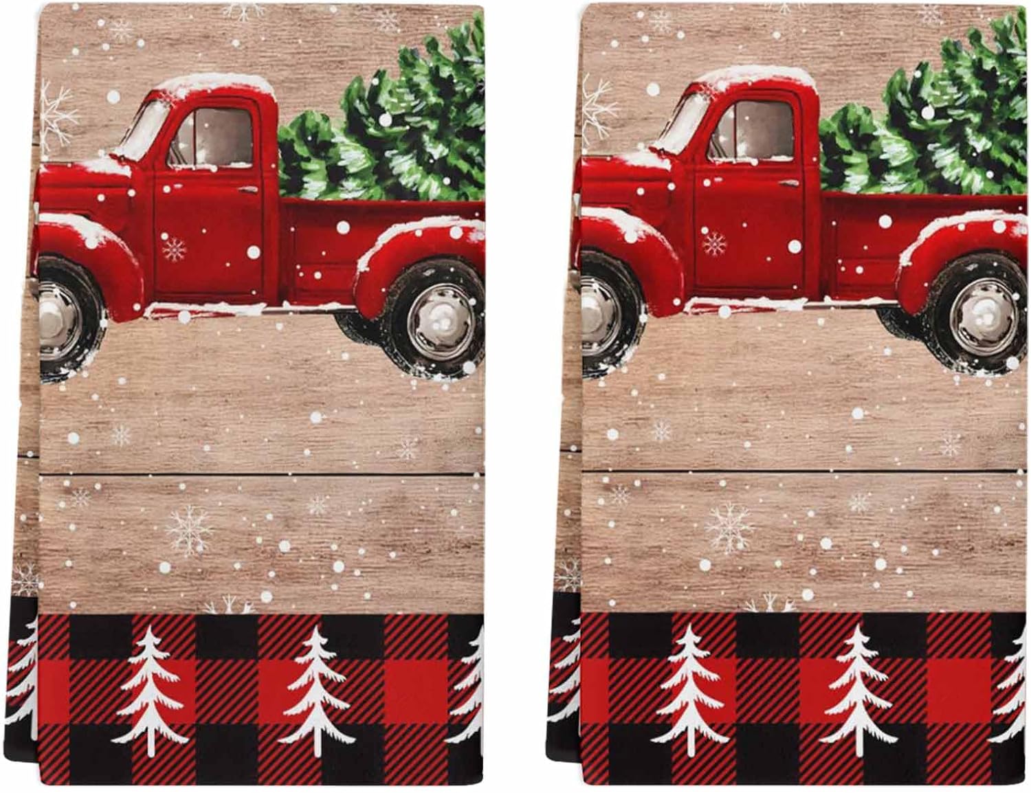 Merry Christmas Kitchen Towels,Tree Snow Red Truck Buffalo Plaid Wood 16x28 Inches Soft Kitchen Dish Cloth,Cotton Tea Towels/Bar Towels/Hand Towels,(2 Pack)