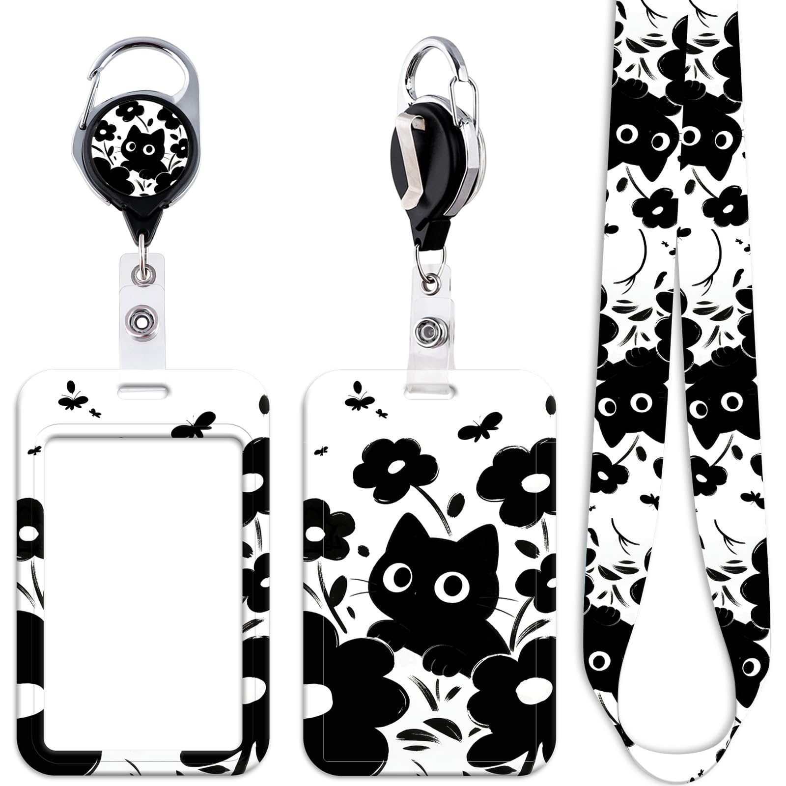 Cute Black Cats ID Card Holder Lanyard Cool Work Retractable Badge Holder Reel Clip Flowers ID Badges Holder Lanyard for Neck for Keys Name Tag for Women Girls Men Teachers Staff, Office & School ID — image 1