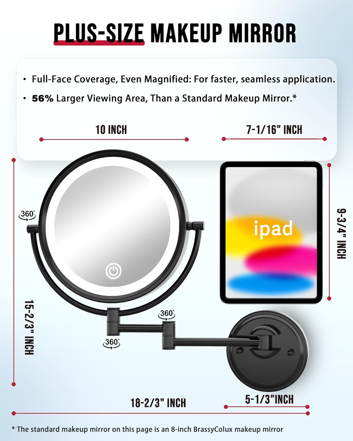 10" Large Wall Mounted Makeup Mirror with Lights and Magnification, 1X/5X Double-Sided 3 Color 5000mAh Rechargeable Touch Dimmable Extended Swing Arm 360 Rotation for Bathroom, Matt Black