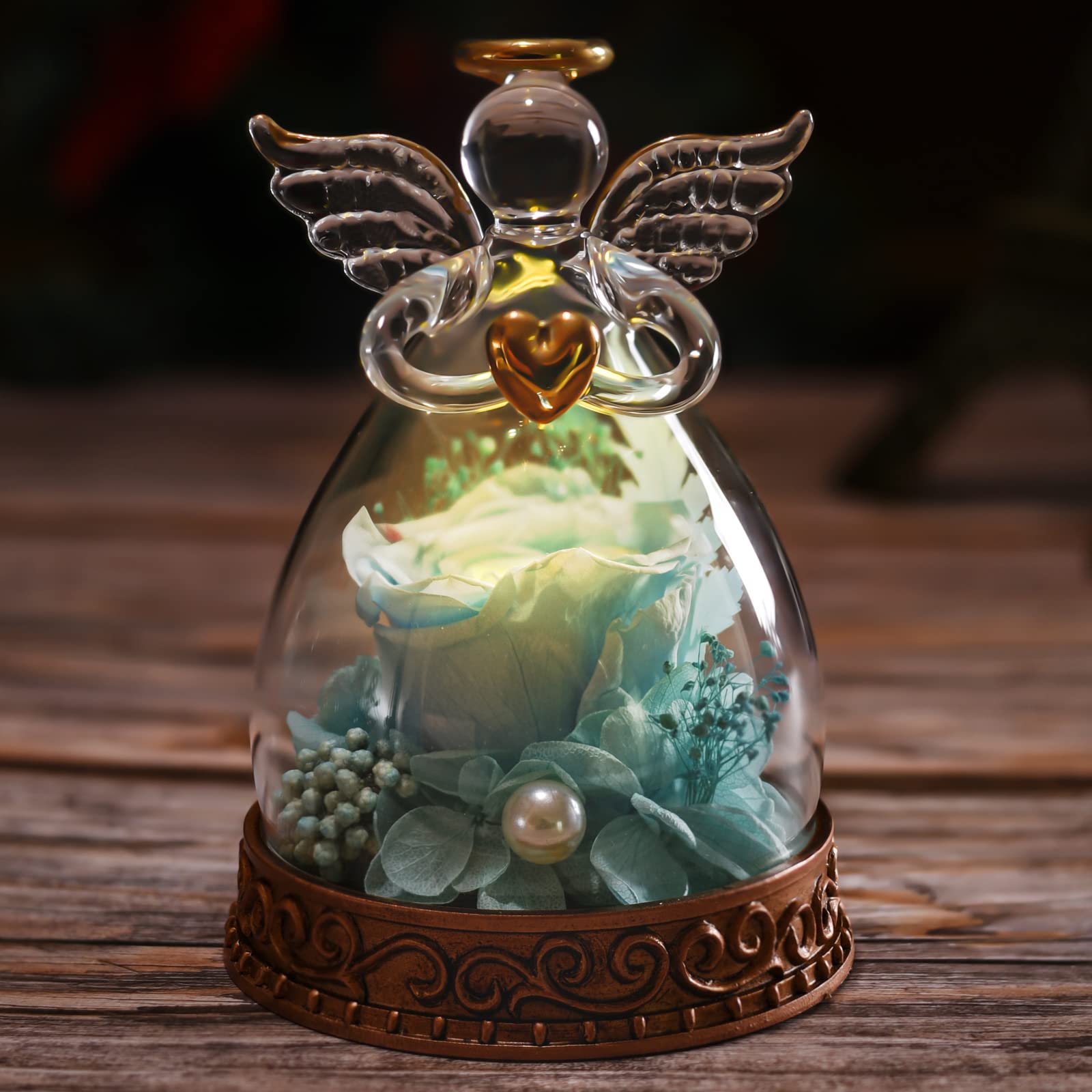 Angelo regalo per donne, mamma, nonna, vera rosa conservata in vetro angelo statuetta con luce LED, 1PSC Rose regalo per festa della mamma, Natale, compleanno, San Valentino (blu)