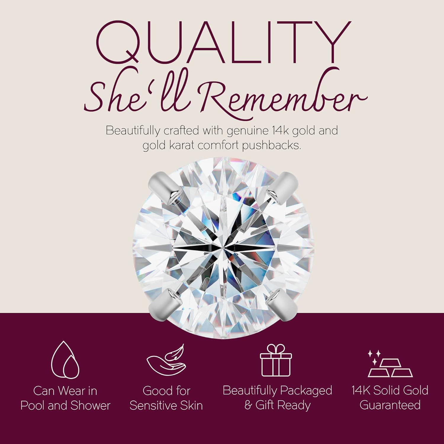 14k White Gold Solitaire Round Cubic Zirconia CZ Stud Earrings with 14kt Gold butterfly Pushbacks - Image 3