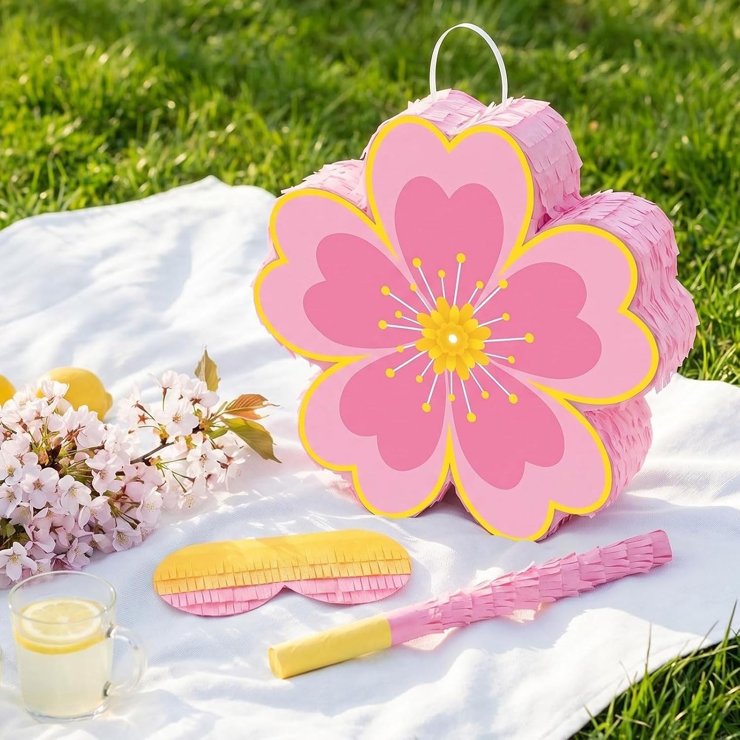 Daisy Flower Piñata Daisy Hippie Boho Pinata Pink Flower Pinata with Blindfold and Stick for Kids Boys Girls Birthday Baby Shower Gender Reveal Wedding Floral Party Supplies