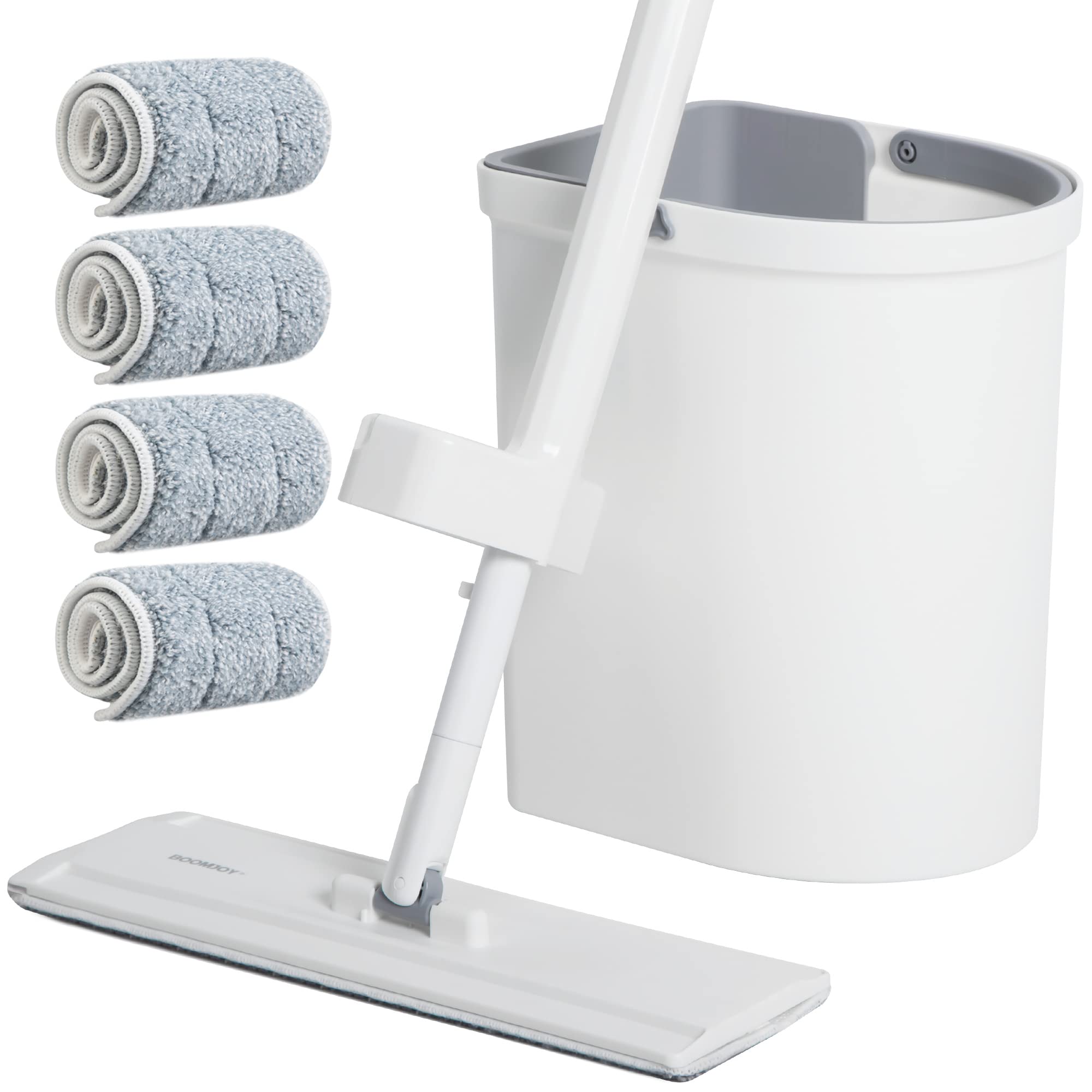 Photo 1 of BOOMJOY Flat Mop for Floor Cleaning, Floor Mop and Bucket with Wringer Set, Self-Wringing Cleaning Mop with Washable Microfiber Mop Pads, Wet and Dry Use for Hardwood Floor, Laminate, Tiles, White