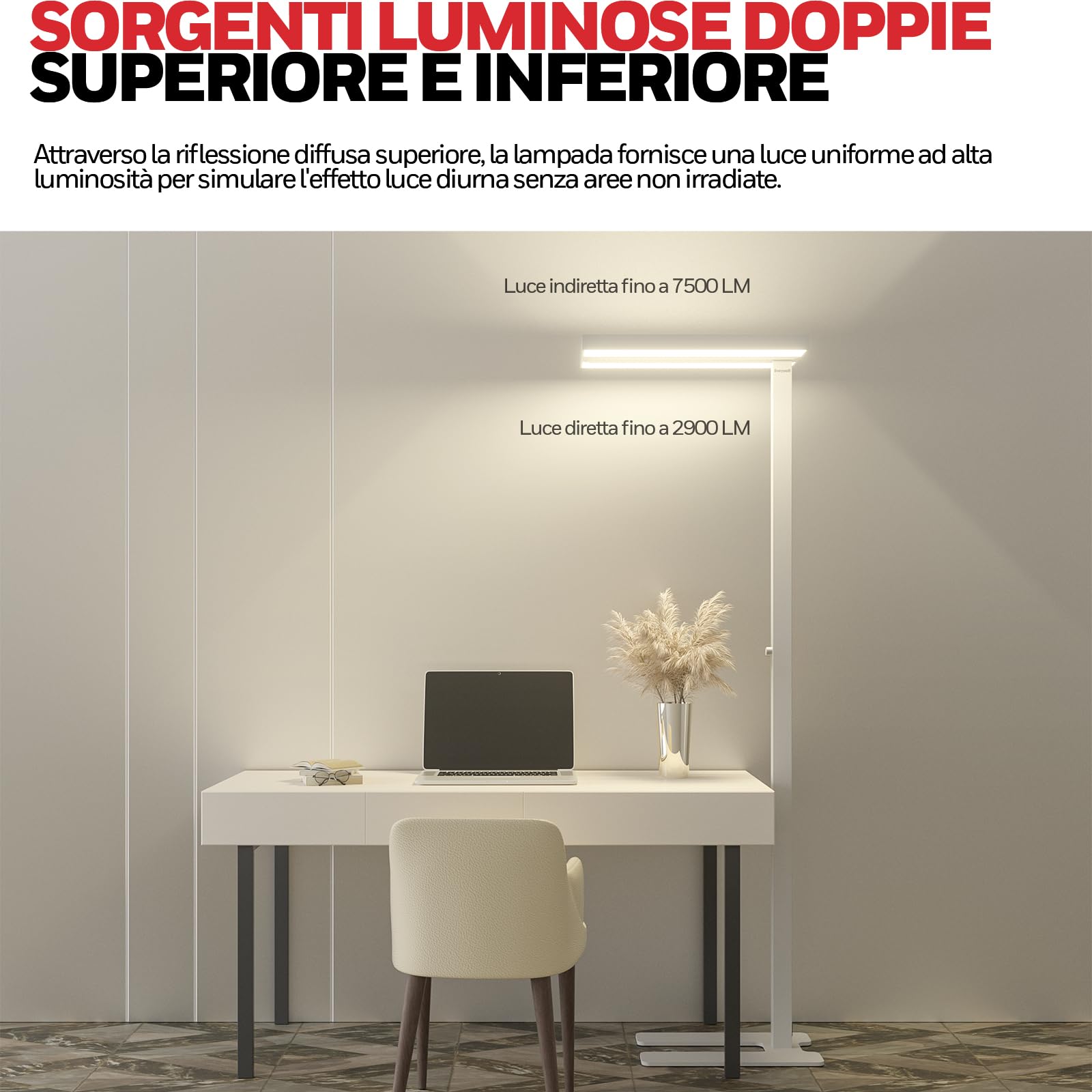 Honeywell 02E Lampada A Terra LED, 10400LM Sunturalux Protezione Occhi | 4000K, 100W luce naturale, lampada da lettura dimmerabile, lampada a terra moderna per ufficio domestico, soggiorno e camera