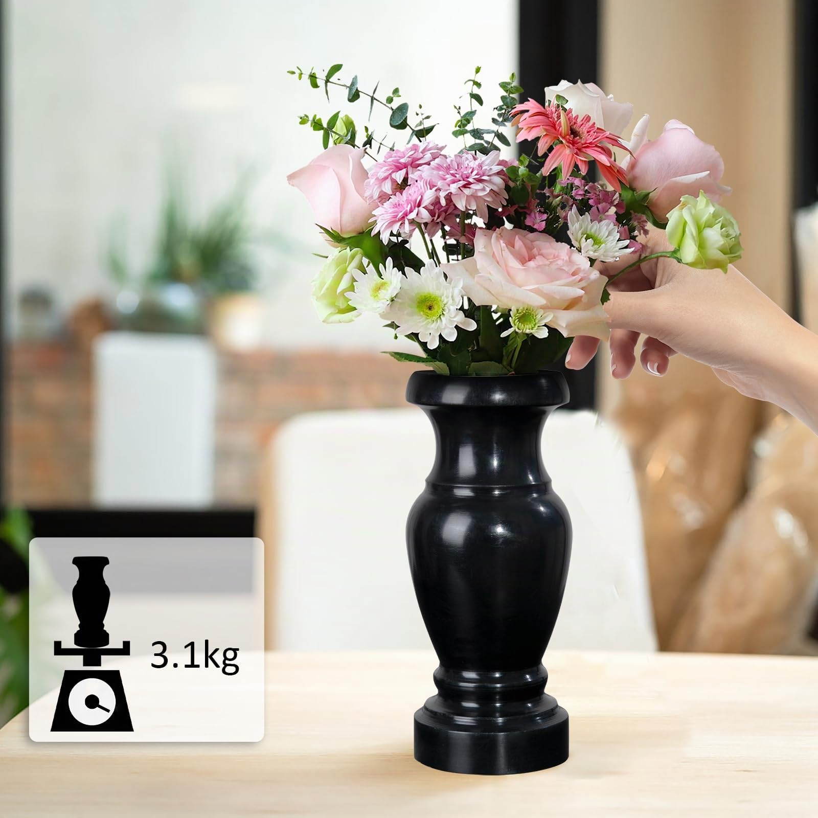 Vase funéraire, vase funéraire en granit pour mémorial, décoration de table, fleurs artificielles ou fleurs fraîches, décorations de tombe pour le jardin (2 pièces, noir), sans trou de drainage