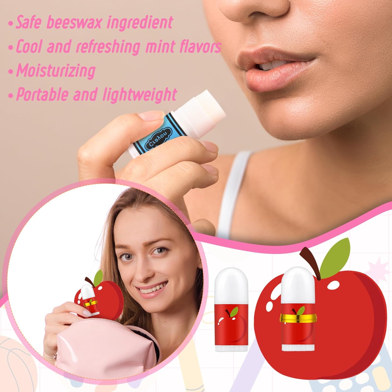 Batiyeer 48 Pcs/24set Teacher Appreciation Lip Balm Gifts Bulk With Card Pencil Crayon Apple Composition Lip Balm Teacher Team Thank You Gift for End of Year Graduation Back to School Party Favors