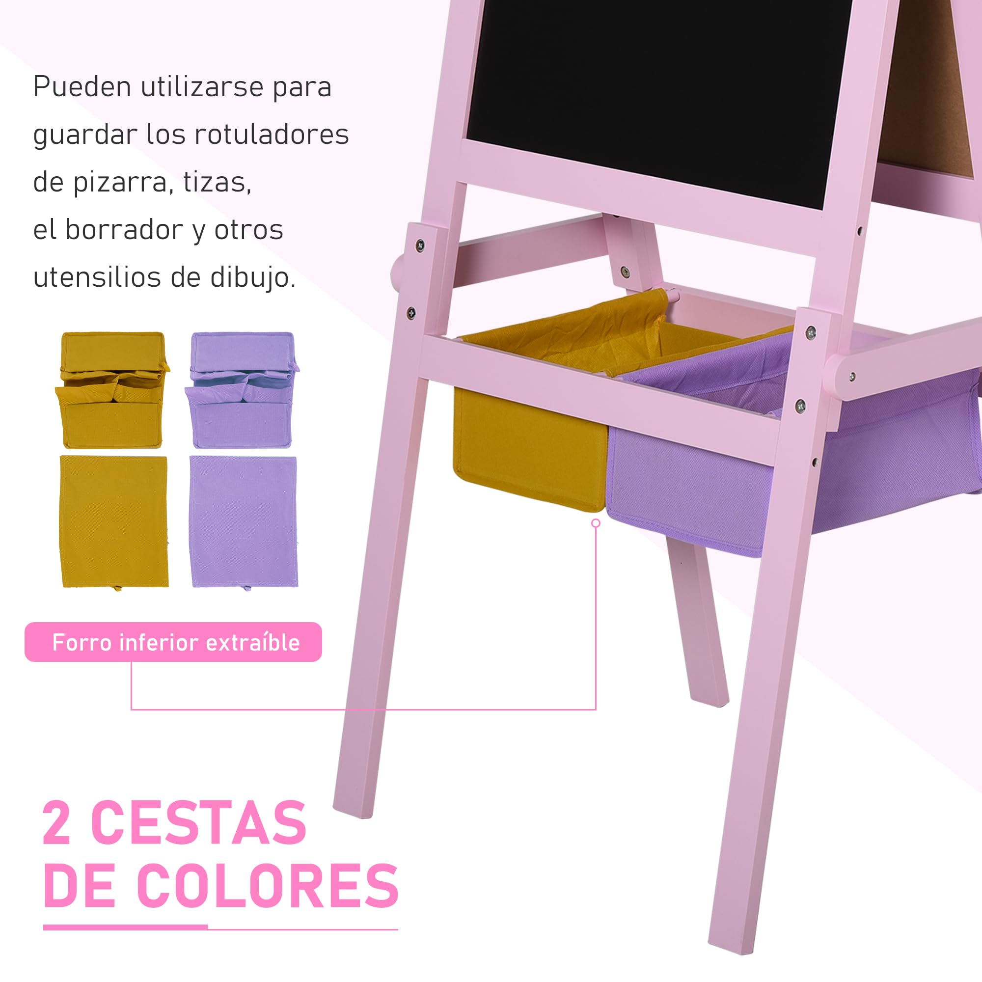 HOMCOM Pizarra Infantil Caballete 3 en 1 Caballete Infantil de Doble Soporte para Niños de +3 Años con Papel en Rollo y 2 Cestas de Almacenaje 58,5x50,5x118 cm Rosa