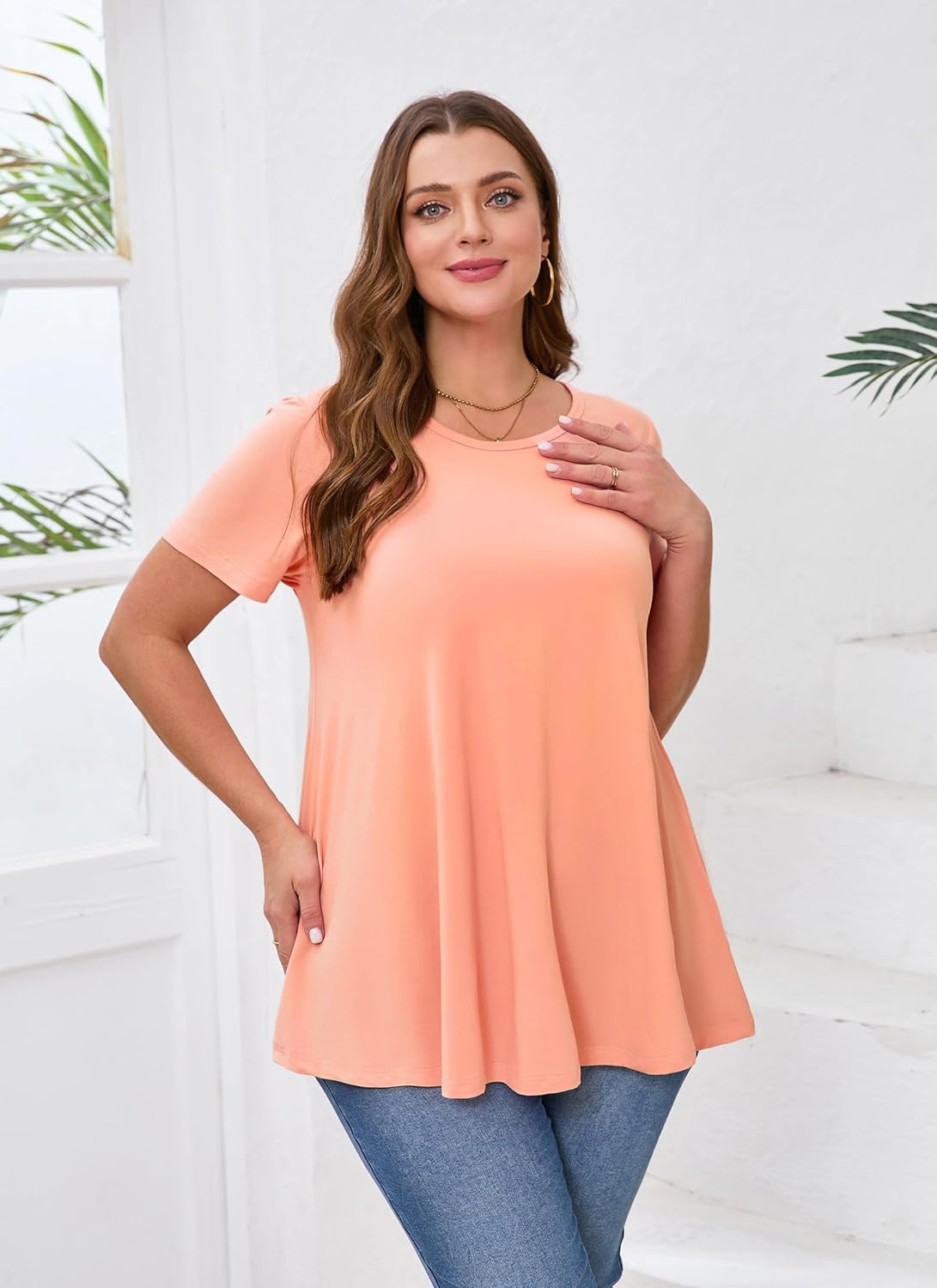 Tunic Tops for Women Plus Size Short Sleeve Crew Neck Swing Flare Loose T-Shirt Blouses to Wear with Leggings - Image 5