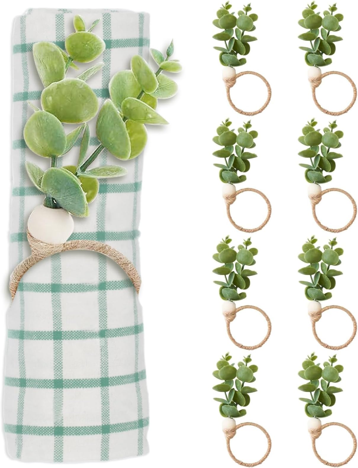 Eucalyptus Napkin Rings Set Of 6, Wood Bead Napkin Rings Farmhouse Leaf...