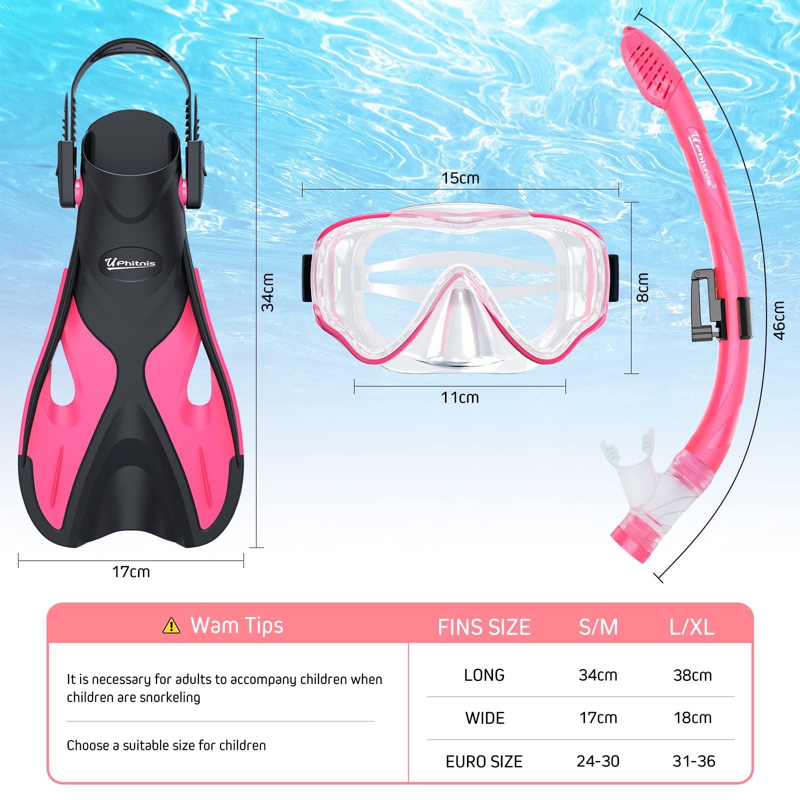 UPhitnis Schnorchelset Kinder mit Flossen,Anti-Fog 180°Panorama Taucherbrille Kinder, Verstellbaren Schwimmflossen und Premium Dry Schnorchel,3 in 1 Schnorcheln Set für Kinder mit Tragetasche