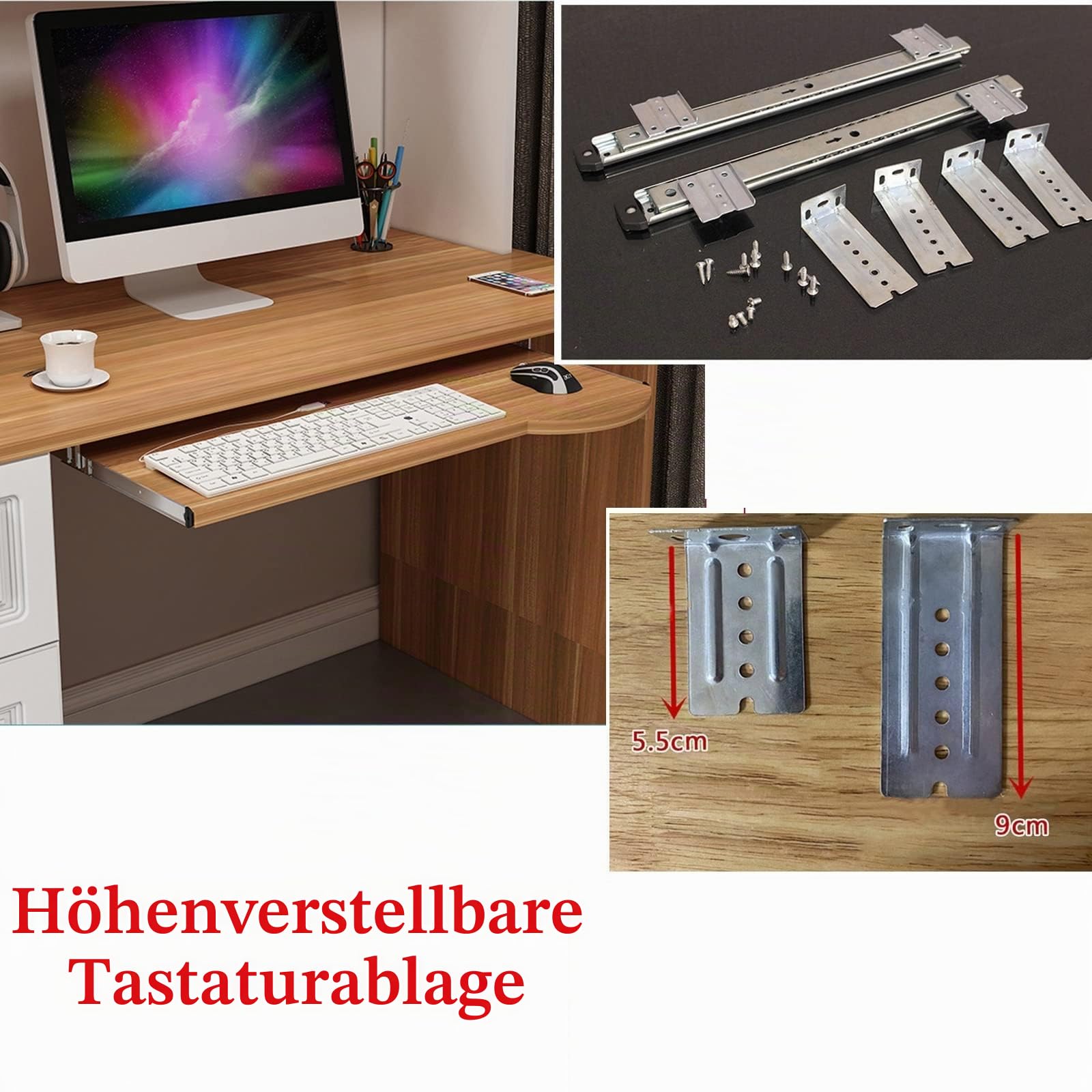 V3VOGUE Tastaturschublade Ausziehbar Tastaturhalterung Schreibtisch Tastaturauszug - Zur Montage Unter Dem Tisch, Höhenverstellbar, Holz Tastaturablage Mit Auszugschienen 24 Kg Belastung