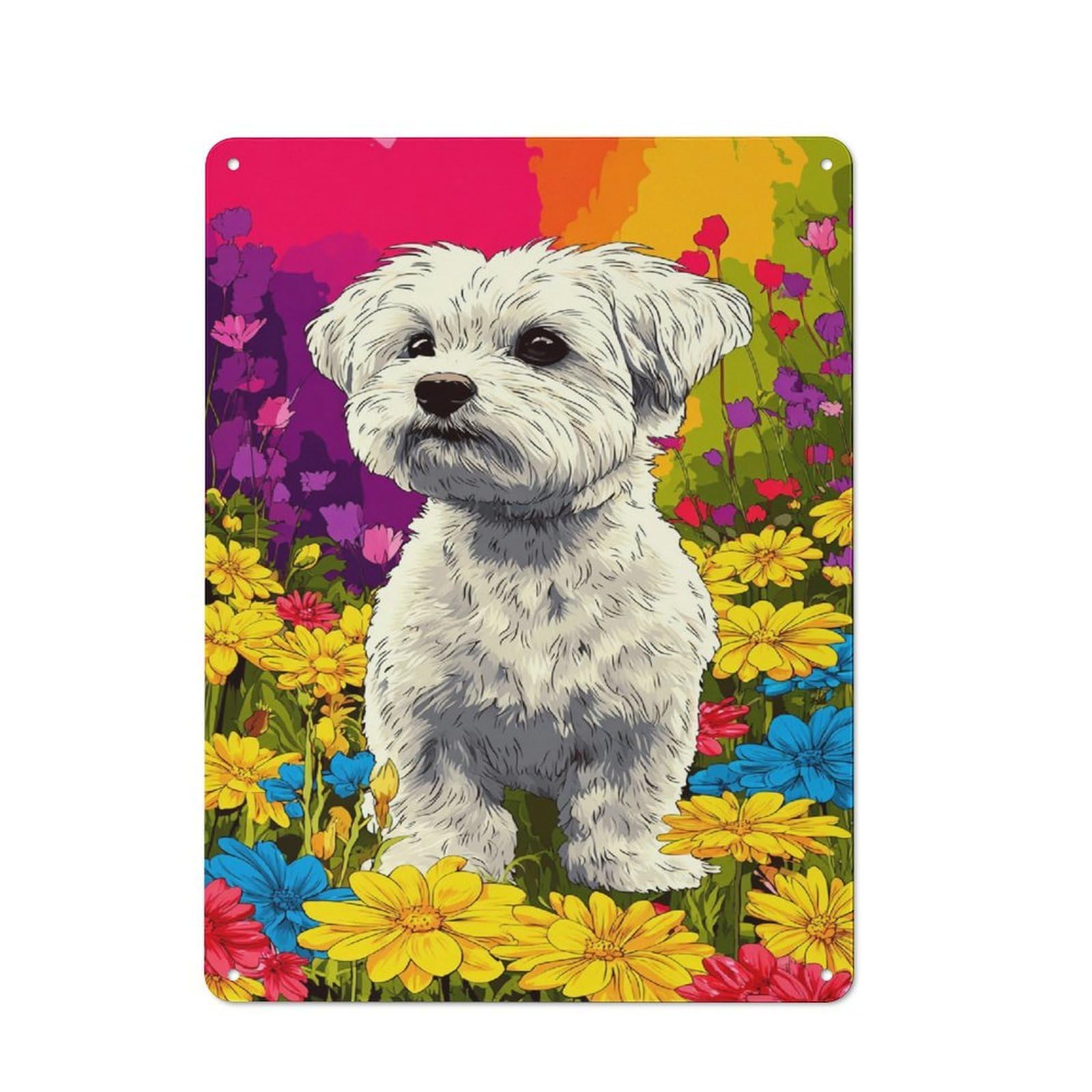 Junmoney Floral Fantasy With White Pup -1 Metal Wall Art Sign 40X30cm, Vintage Vintage Wall Decor For Lounge, Study, Pub Or Wall Gallery