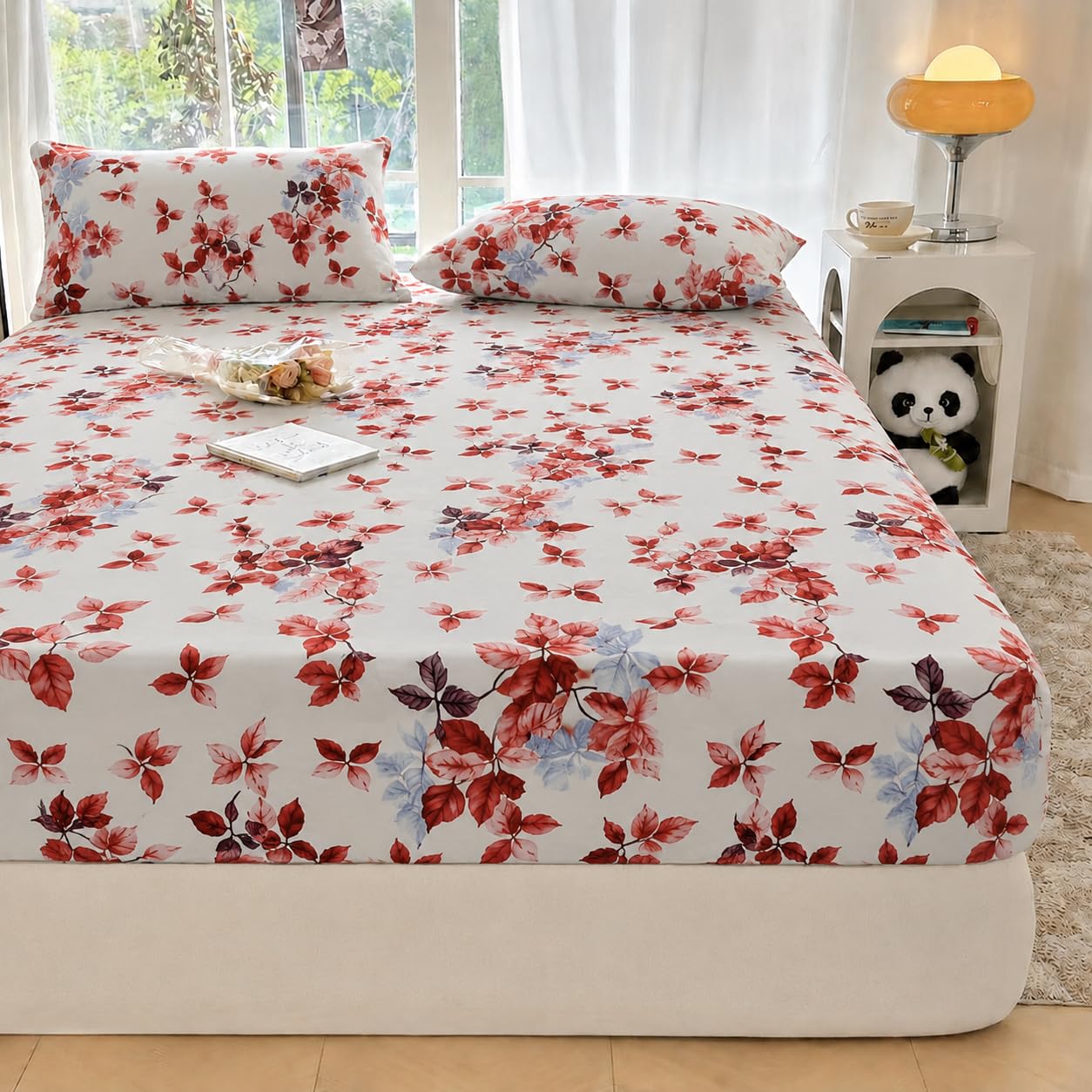 VOMZER 320 TC Cotton Feel All Around Elastic Fitted Floral Bedsheets King Size, Premium Fitted Bedsheets King Size for Double Bed with 2 Pillow Covers, Size- 78" x 72" Rust