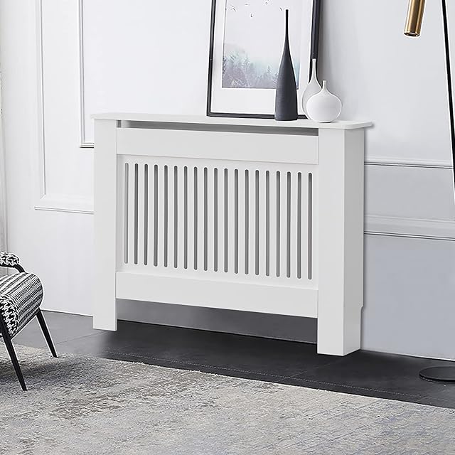 CLIPOP Radiator Cover White Modern Painted Vertical Slatted MDF Cabinet, Medium Radiator Shelve for Living Room Bedroom Furniture (Medium)