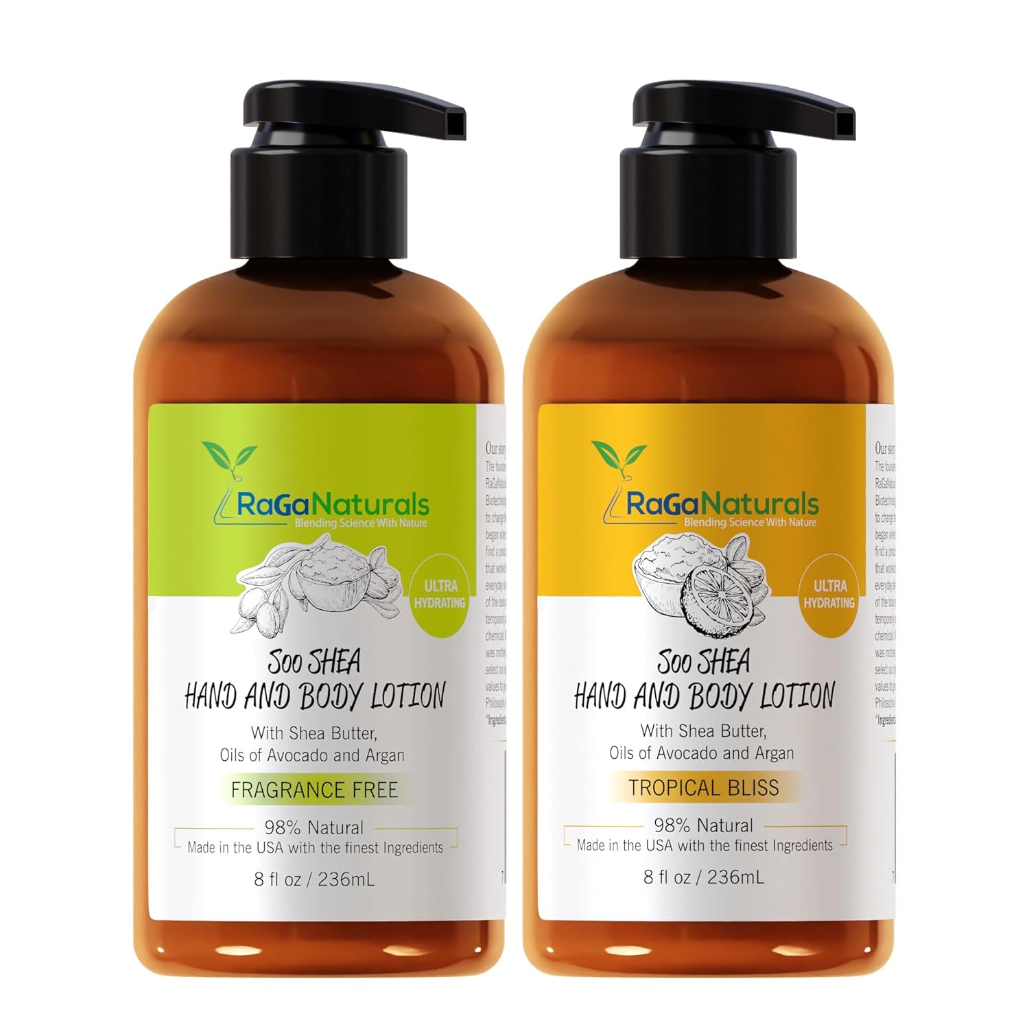 RaGaNaturals Fragrance Free and Tropical Bliss Body Lotion, Body Lotion for Women, Men, Babies and Kids - 8fl oz