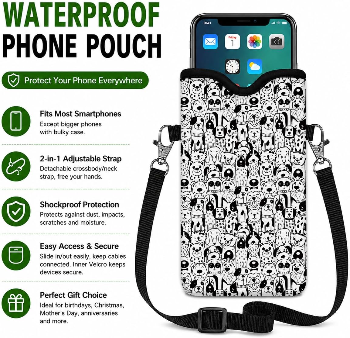 Neoprene Phone Sleeve Pouch Case Bag with Crossbody Strap, Cartoon Dogs image 2
