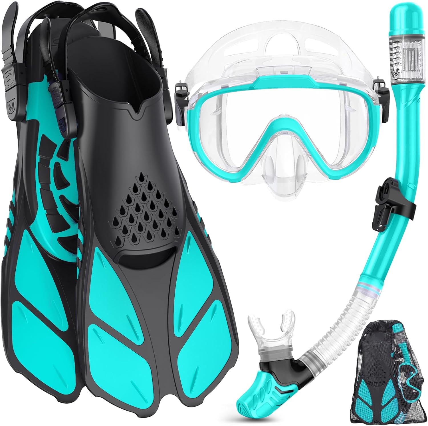 Ubekezele Snorkeling Gear for Adults Men Women,4 in 1 Snorkel Set with Panoramic View Diving Mask Anti-Fog Anti-Leak,Dry Top Snorkel,Fins and Travel Bag for Swimming,Snorkeling and Travel Diving