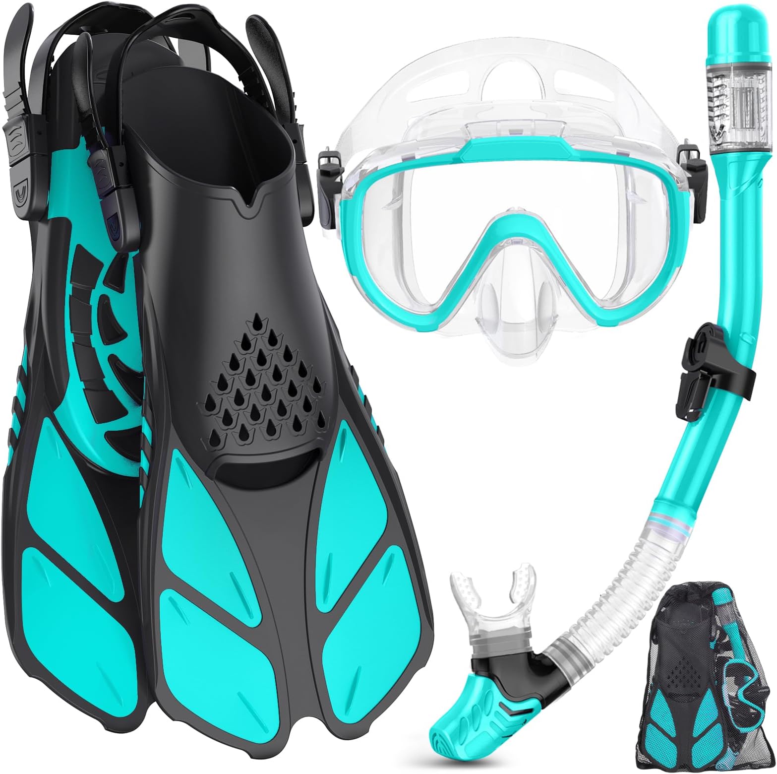 Snorkeling Gear for Adults Men Women,4 in 1 Snorkel Set with Panoramic View Diving Mask Anti-Fog Anti-Leak,Dry Top Snorkel,Fins and Travel Bag for Swimming,Snorkeling and Travel Diving
