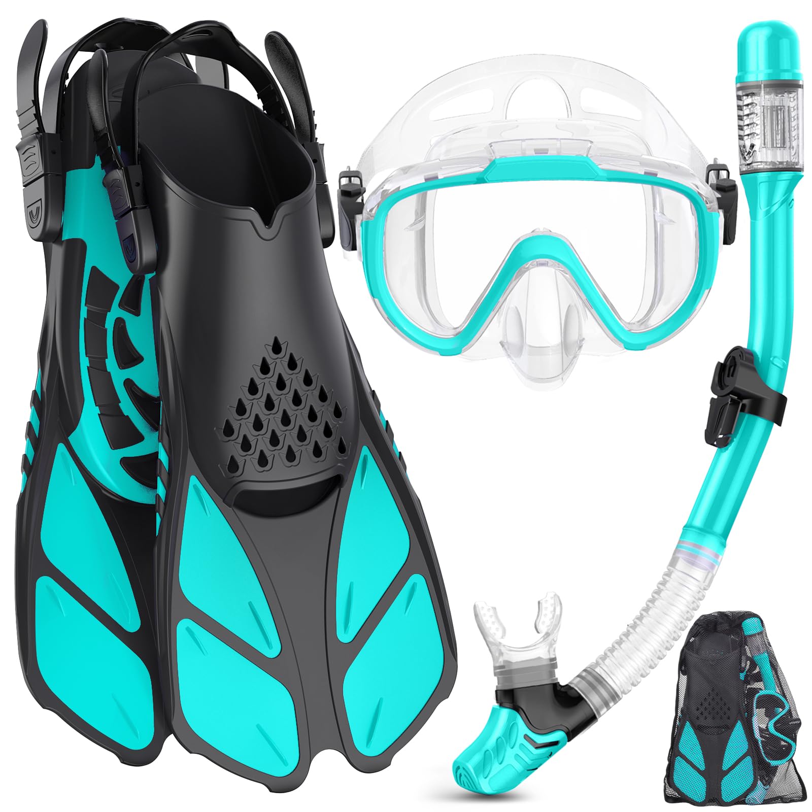 Snorkeling Gear for Adults Men Women,4 in 1 Snorkel Set with Panoramic View Diving Mask Anti-Fog Anti-Leak,Dry Top Snorkel,Fins and Travel Bag for Swimming,Snorkeling and Travel Diving