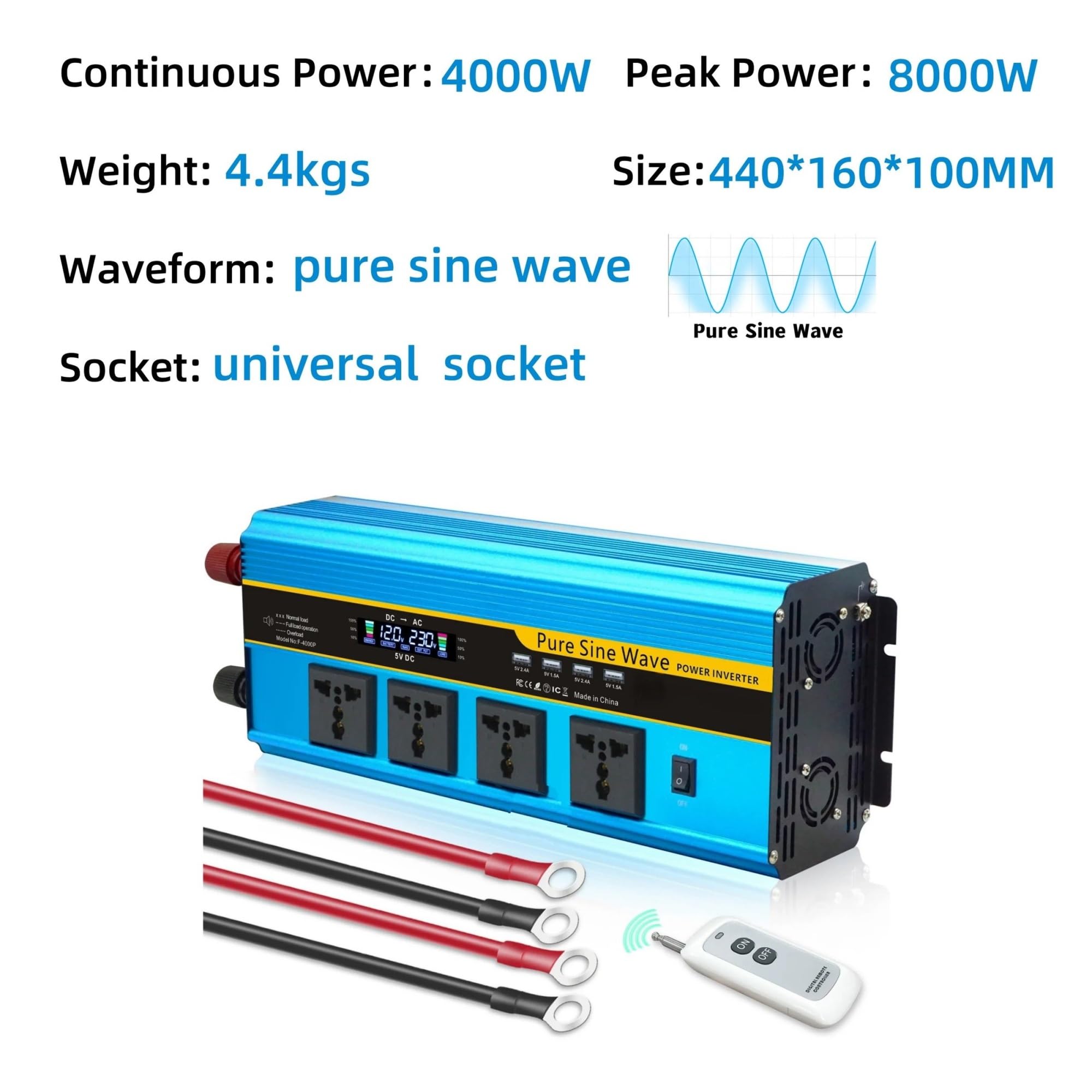 Convertidor Inversor Transformador Inversor De Onda Sinusoidal Pura 4000 W/6000 W/8000 W CC 12 V/24 V - CA 220 V/230 V Pantalla LCD Control Remoto Varios Enchufes UE(DC12V,220V 60Hz,8000W Uni)
