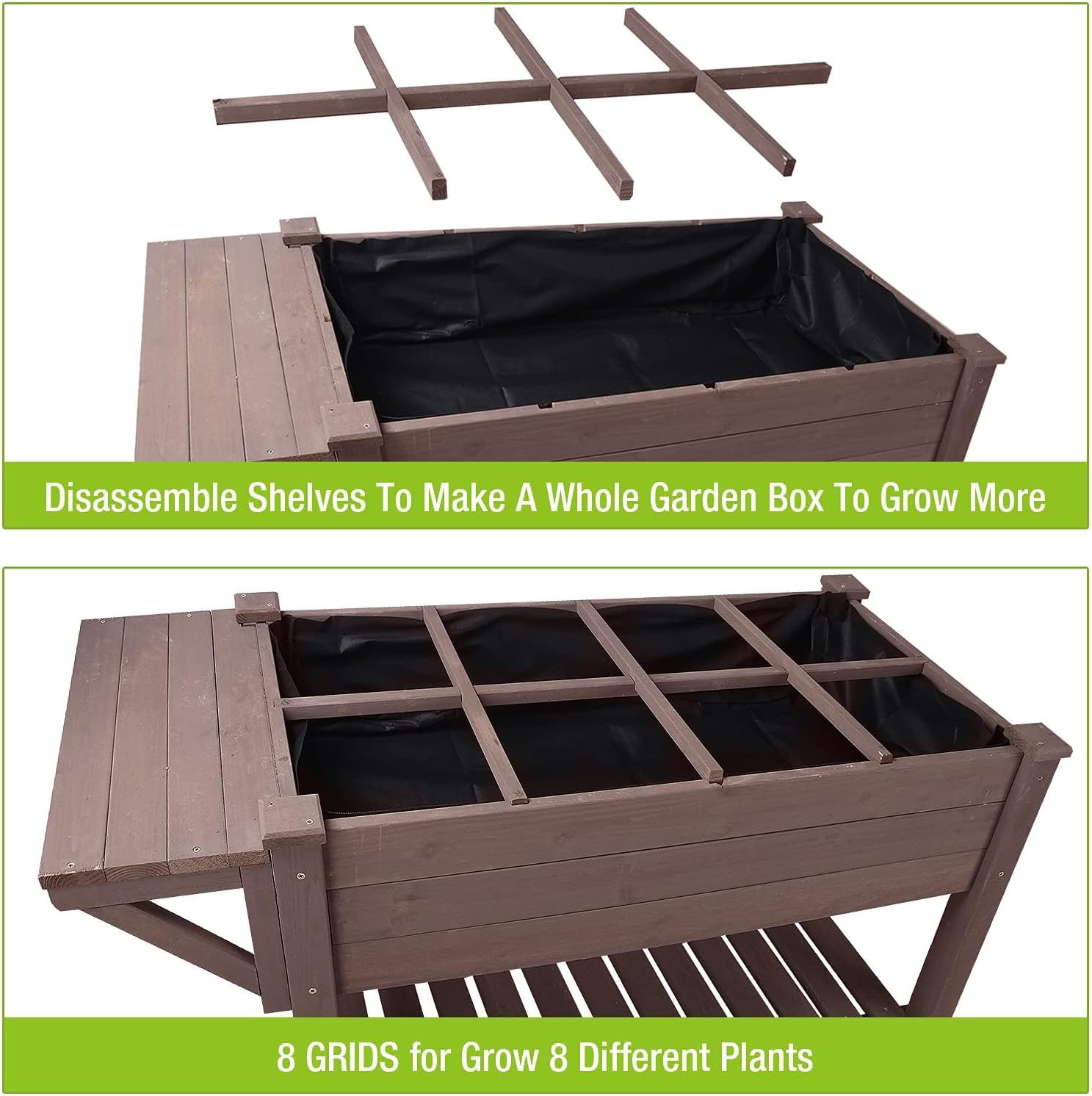 GUTINNEEN Raised Garden Bed for Herbs, Patio Elevated Flower Planter Vegetable Boxes with Grow Grid - Large Storage Shelf Brown