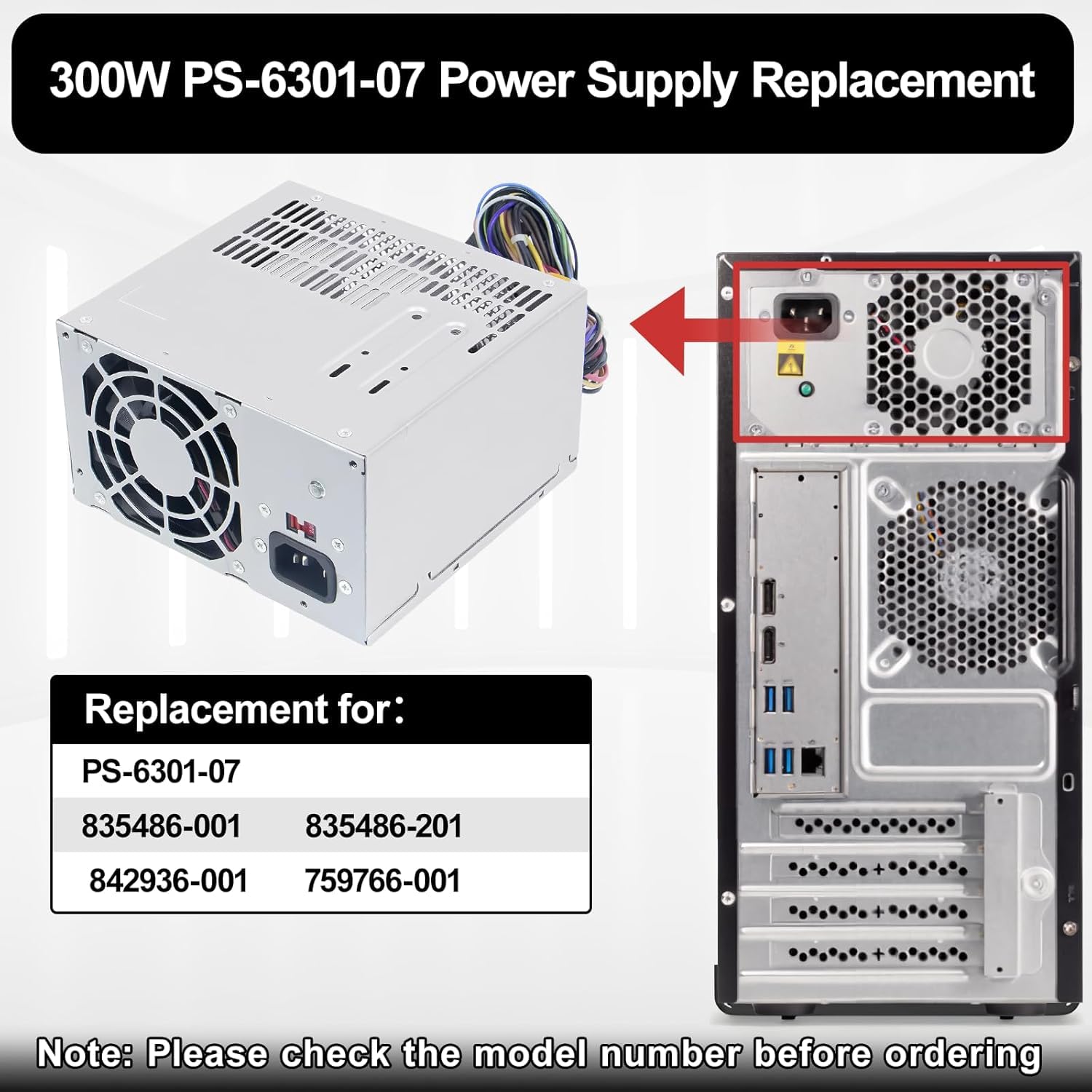 PS-6301-07 Fuente de alimentación de 300 W Compatible con HP Omen 510, 560 y 570. Fuente de alimentación de Repuesto para Servidor HPE ProLiant ML10 Gen9, Compatible con DPS-300AB-73, A 715185-001