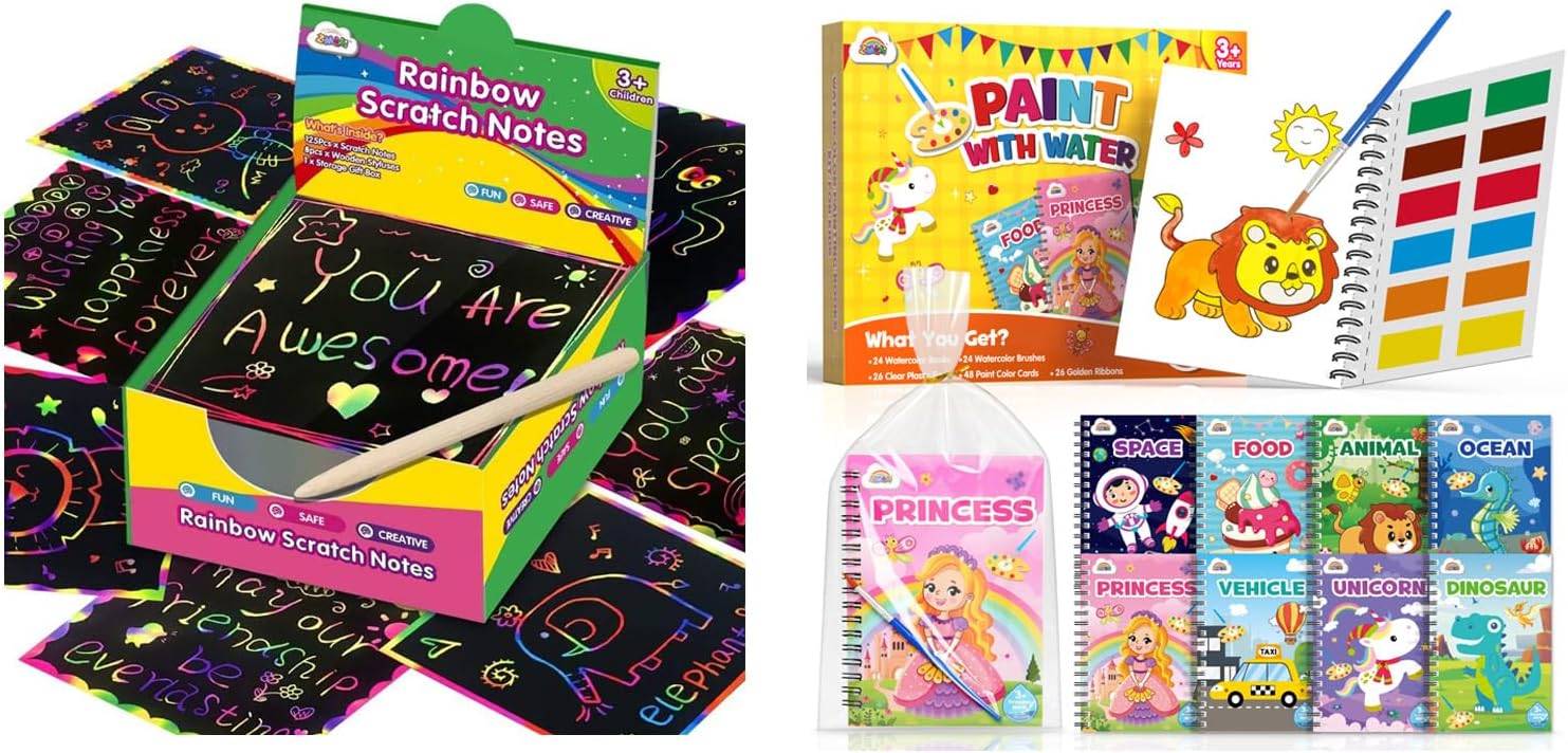 ZMLM Rainbow Scratch Mini Art Notes & 24 Water Coloring Books for Kids Party Favors