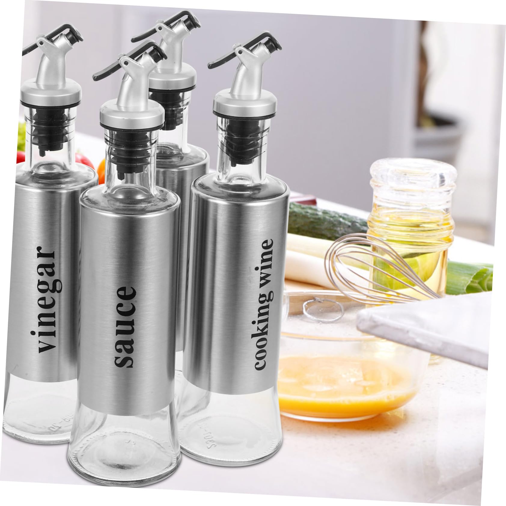 Dispensadoras de Aceite y Vinagre de Vidrio y Acero Inoxidable Juego de 4 Botellas Diseño Antigoteo Elegante 300ml para Restaurantes y Cocina