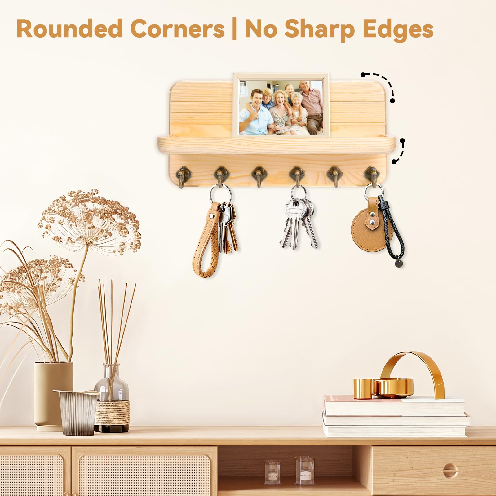 Colgador Llaves Pared Cuelga Llaves con 6 Ganchos Porta Llaves de Pared para Salón, Entrada, Pasillo, Oficina (Color Madera)