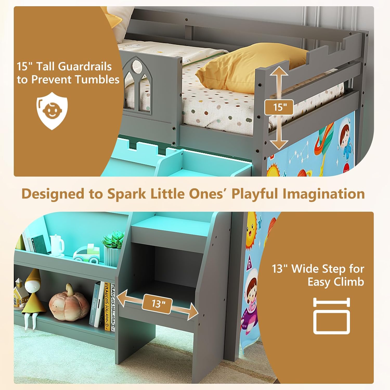 JOYMOR Low Loft Bed with LED Lights, Twin Loft Bed with Stairs, Safety Guardrail, Curtain, Wooden Bed Frame for Kids with Storage Bookcase and Under-Bed Play Space (Gray)