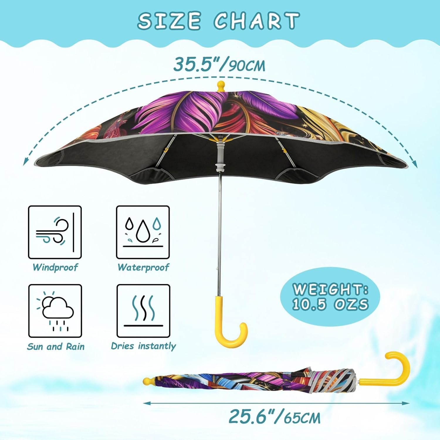 Long Umbrella for Kids Girls Heavy Duty Uv Protection Sun Umbrellas Upf 50 Reflective Rain Umbrellas for Boy Vibrant Colorful Feather Purple