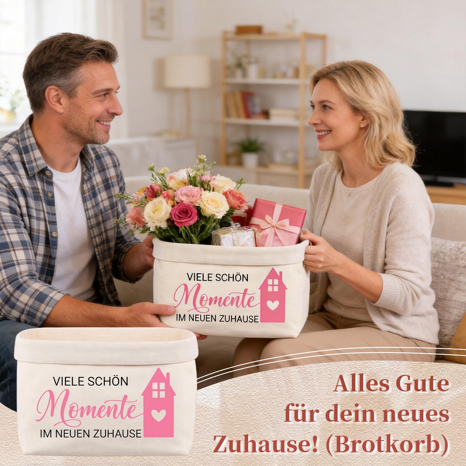 Einzugsgeschenke Wohnung Brotkorb, Beige Stoffkorb Mit Karte Umschlag, Geschenk Zum Einzug Ins Haus, Brötchenkorb Einzugsgeschenke Haus,Wumzug Geschenk für Freunde Familie Paare Kollegen