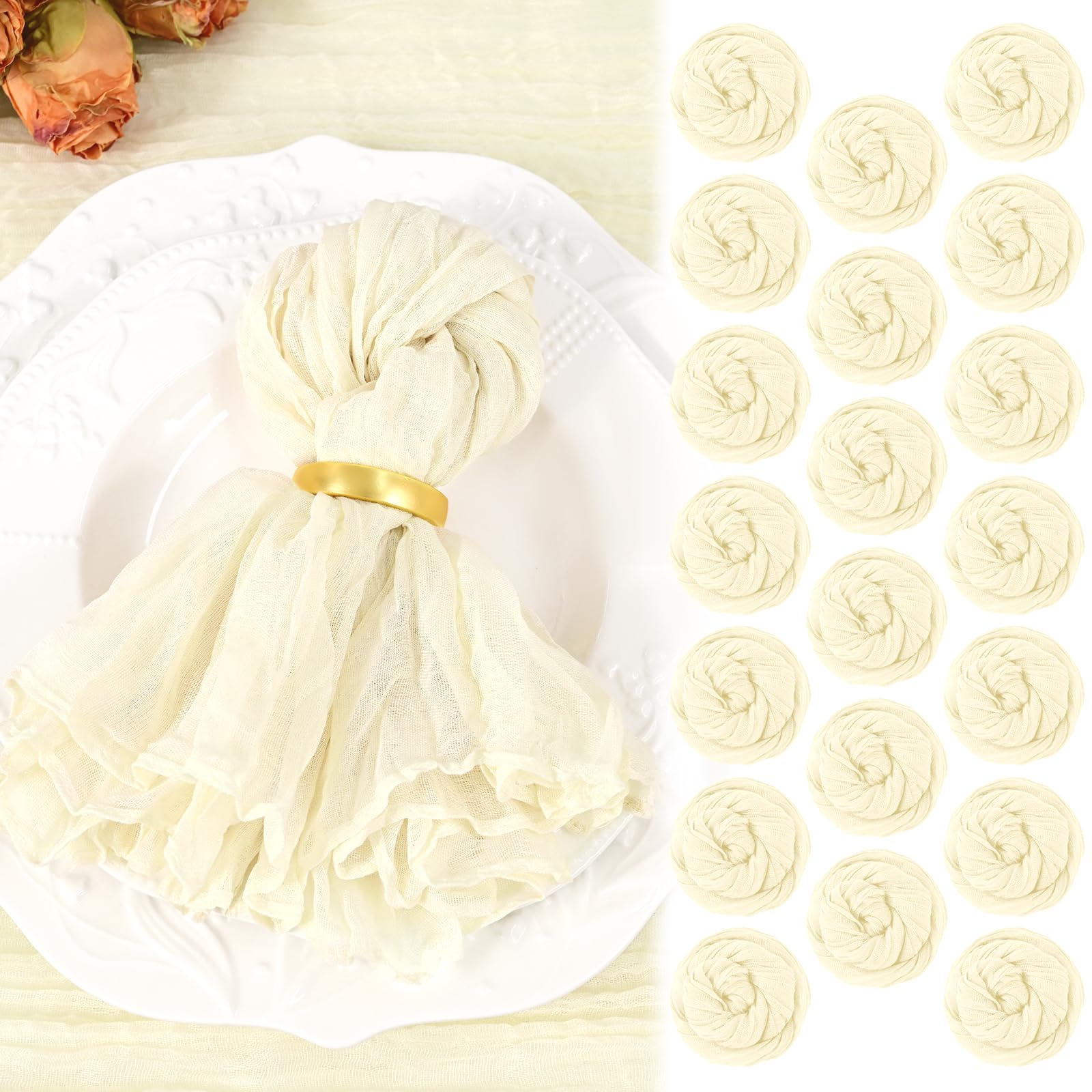 20 Pack Beige Cheesecloth Napkins 20"x20" Boho Washable Cloth Napkins Set of 20 Wrinkled Cheese Cloth Napkins Gauze Dinner Table Napkin for Wedding Party Baby Shower Birthday Decor