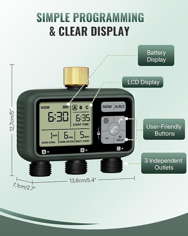 WILAWELS 3 Zone Brass Sprinkler Timer, Garden Hose Timer, Automatic Irrigation System, Programmable Faucet, 3 Outlets, with Rain Delay, Manual Mode,Child Lock, for Yard, Garden, Lawn, Green E13WT06 by WILAWELS - Used condition - Image 2
