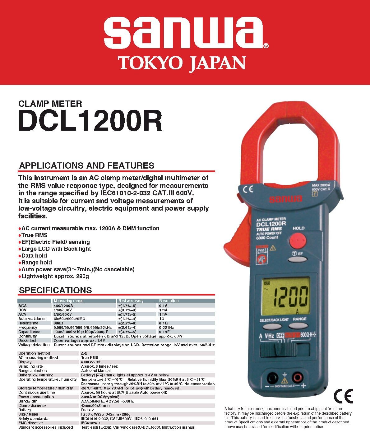 Japan SANWA DCL1200R RMS Lightweight & DMM Functions Clamp Meters Large Diameter CT & DMM Functions(DCL1200R)