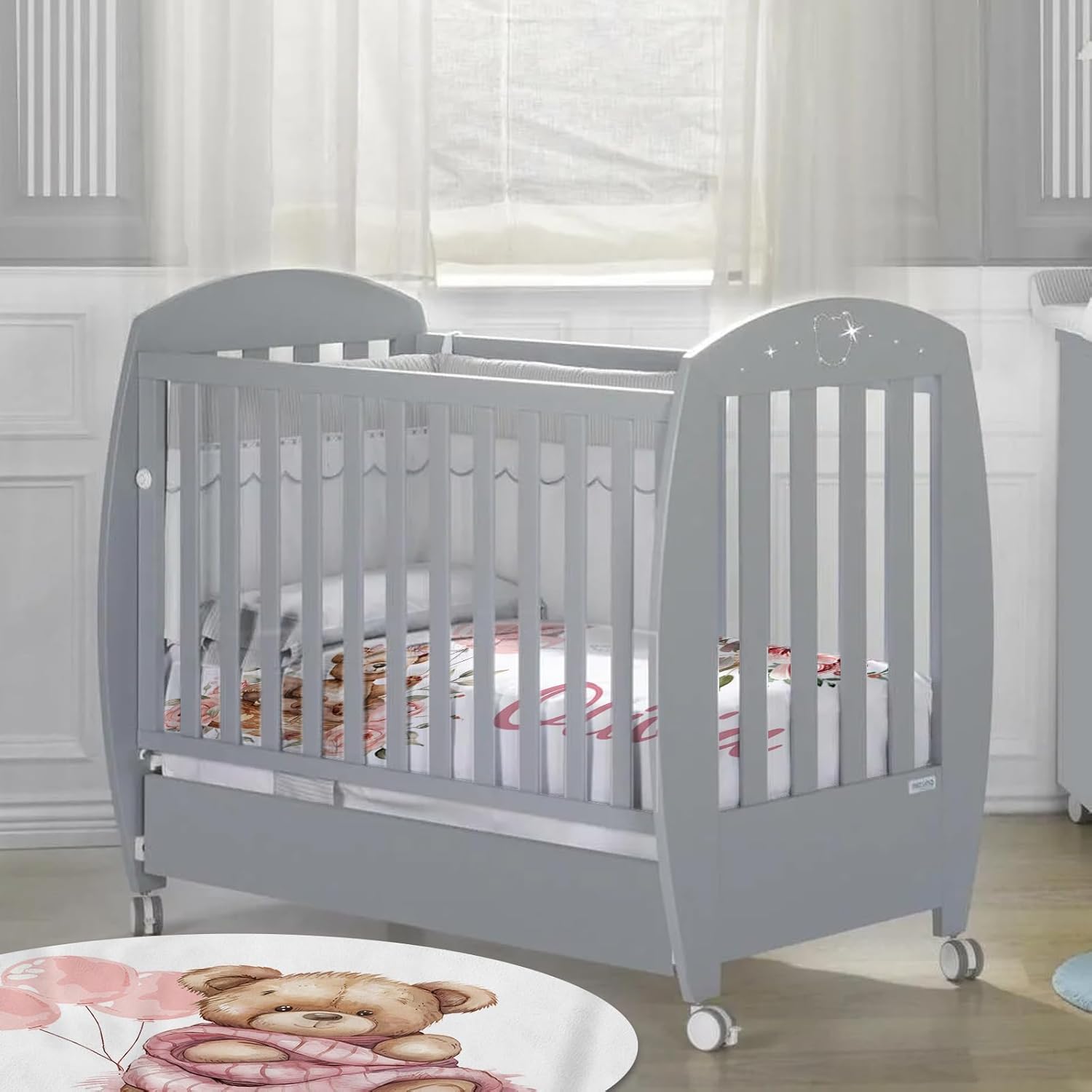 Custom Baby Crib Bedding Set, Personalized Name Pink Bear Design Crib Set 3 Pcs, Soft Double Layer Blanket, Crib Sheet & Room Rug, Ideal Nursery Decor Gift for Baby Girls Boys