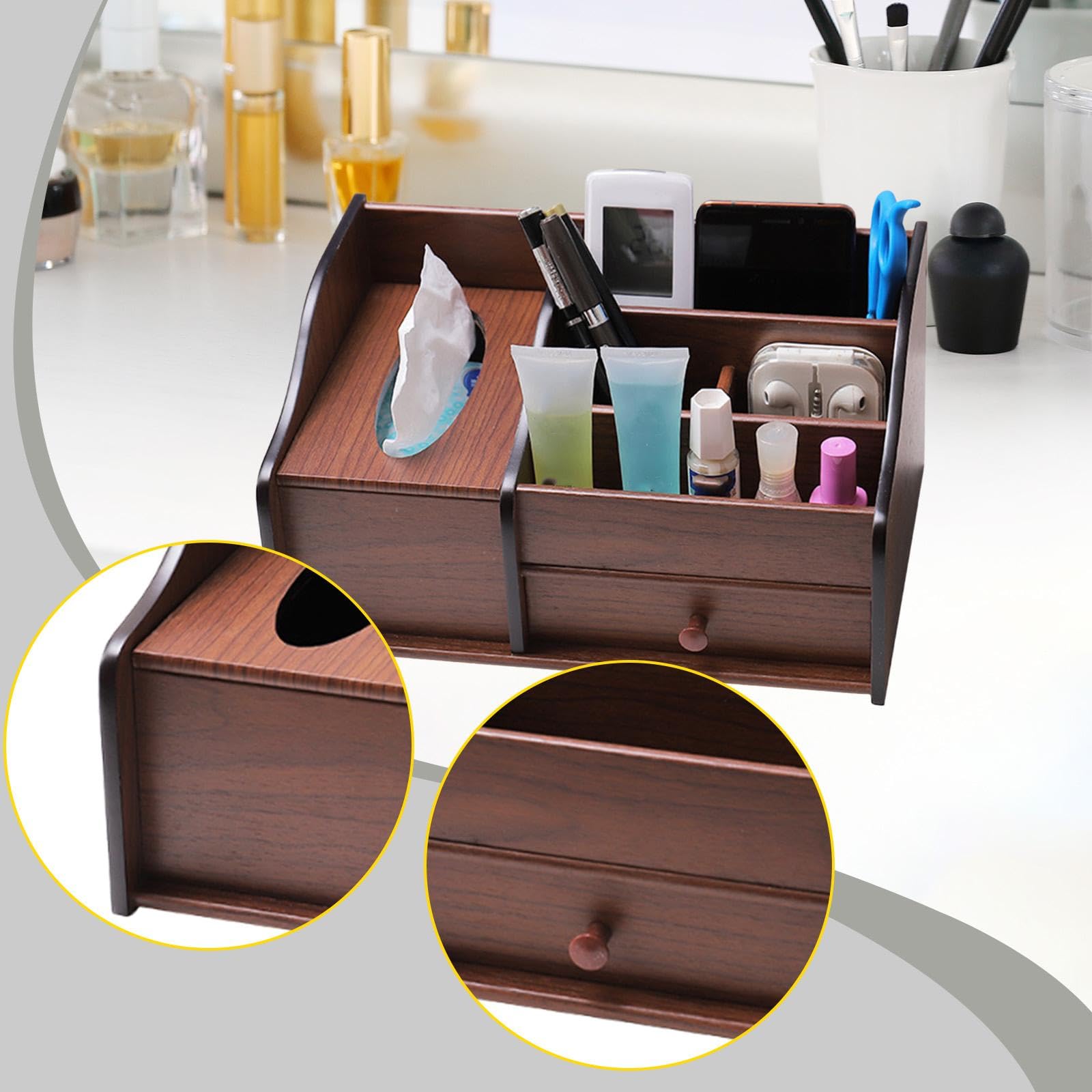Organizer Da Scrivania in Legno con Cassetto, Scomparti Multipli,