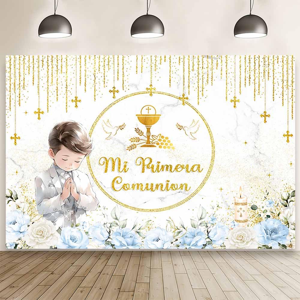 MEHOFOND 7x5ft Mi Primera Comunion Backdrop for Boy Gold Fringe Blue Floral Photography Background First Holy Communion Party Decorations Mi Bautizo