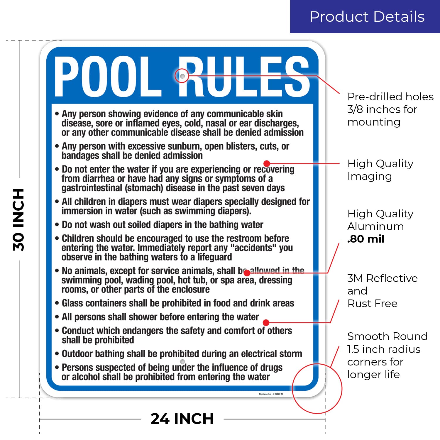 New Jersey Pool Rules Sign, Complies with State of New Jersey Pool Safety Code, 24x30 Inches, Rust Free .063 Aluminum, Fade Resistant, Made in USA