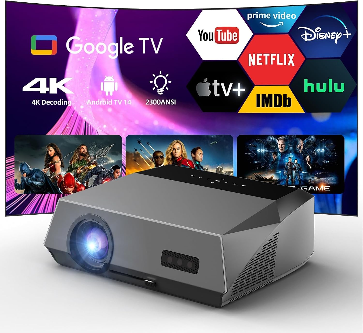 Smart 4K Projector Google TV, True 2300ANSI Daylight High Lumen Dolby Audio