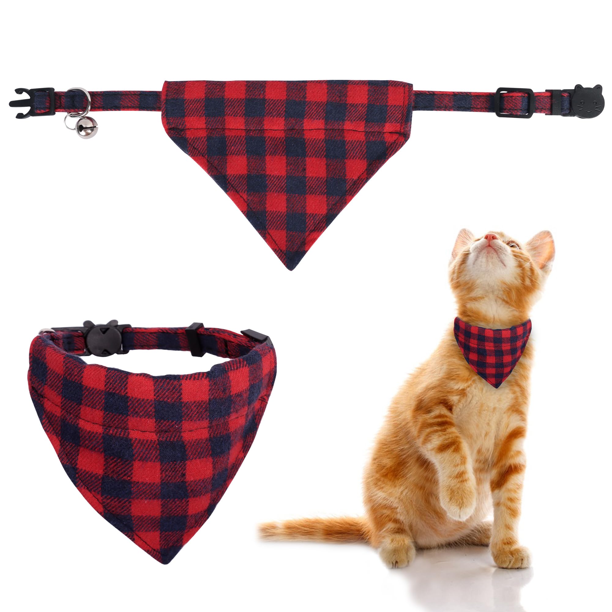 NiCoLa Cat Bandana Collar Red Checkered Cat Bandana, Quick Release Cat Bandana Collars with Bell for Kitten Cats, Christmas