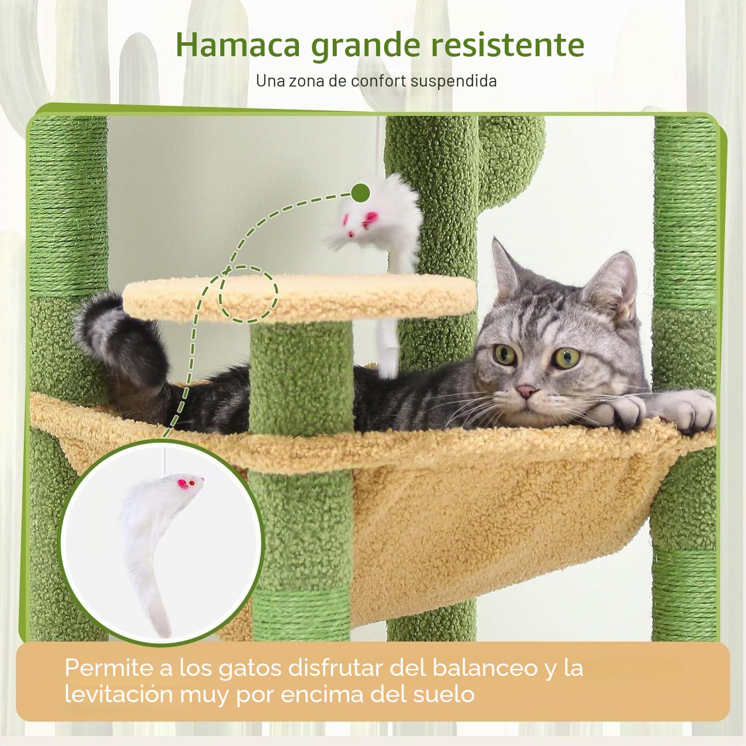 Globlazer Rascador para Gatos Verde Cactus Interior 137 cm con inmenso Hamaca 45 * 40cm, Grande Nidos, Plataformas Acolchada, Estable Árbol Rascador para Gatos Fácil de Montar (F53, Verde Cactus)