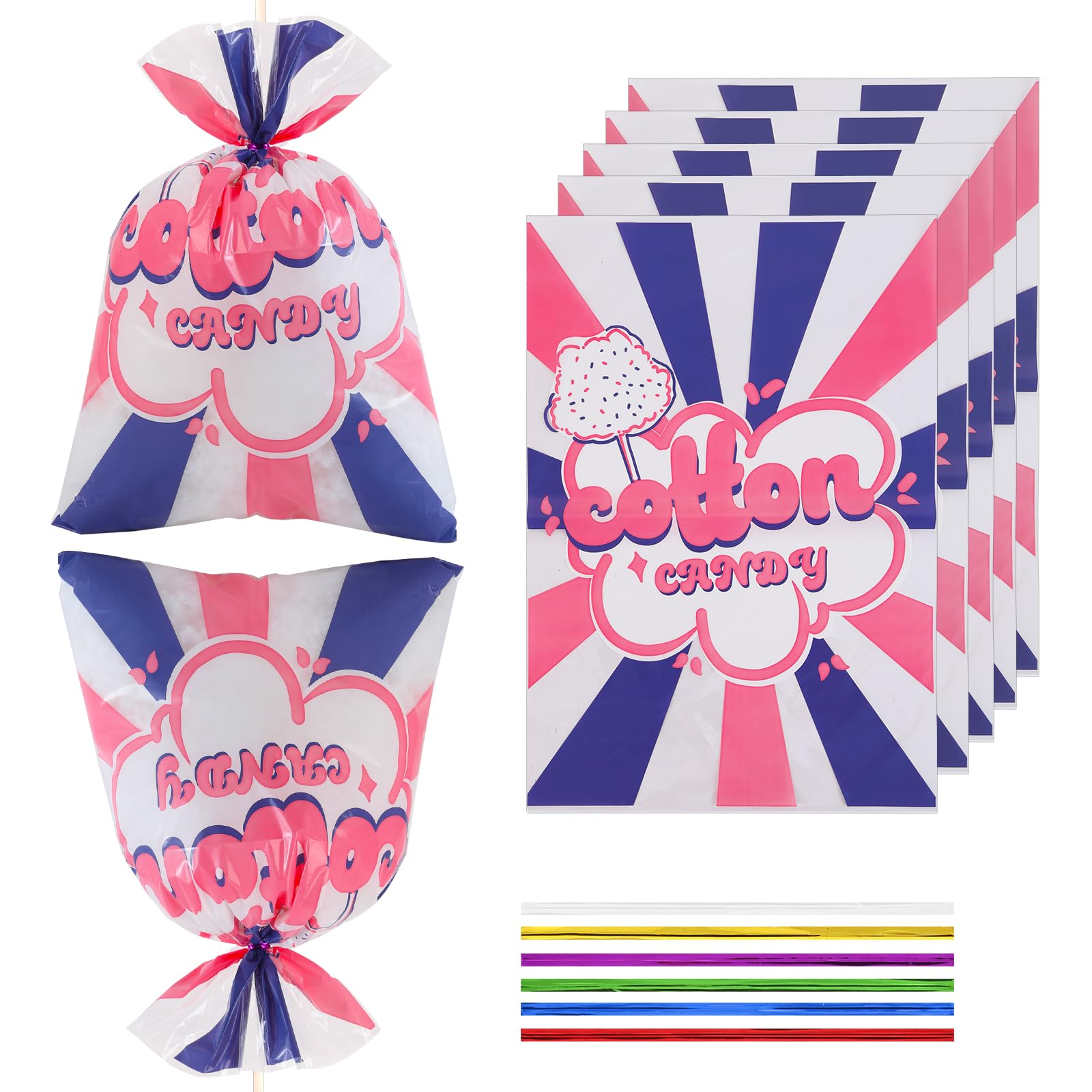 25 Pcs Cotton Candy Bags with Ties, 12 x 18 Inch Clear Printed OPP Bags for Large Fluffy Cotton Candy, Carnivals, Circus, Birthday Parties &amp; Concession Stand Supplies