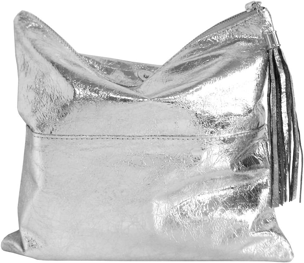 JNB Women's Cracked Metallic Fabric Foldover Clutch with Tassel - Image 6
